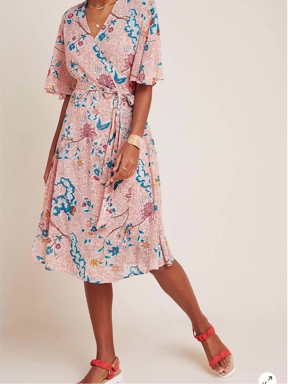 Maeve by Anthropologie Adelaide Floral Wrap Midi Dress Pink Teal XL